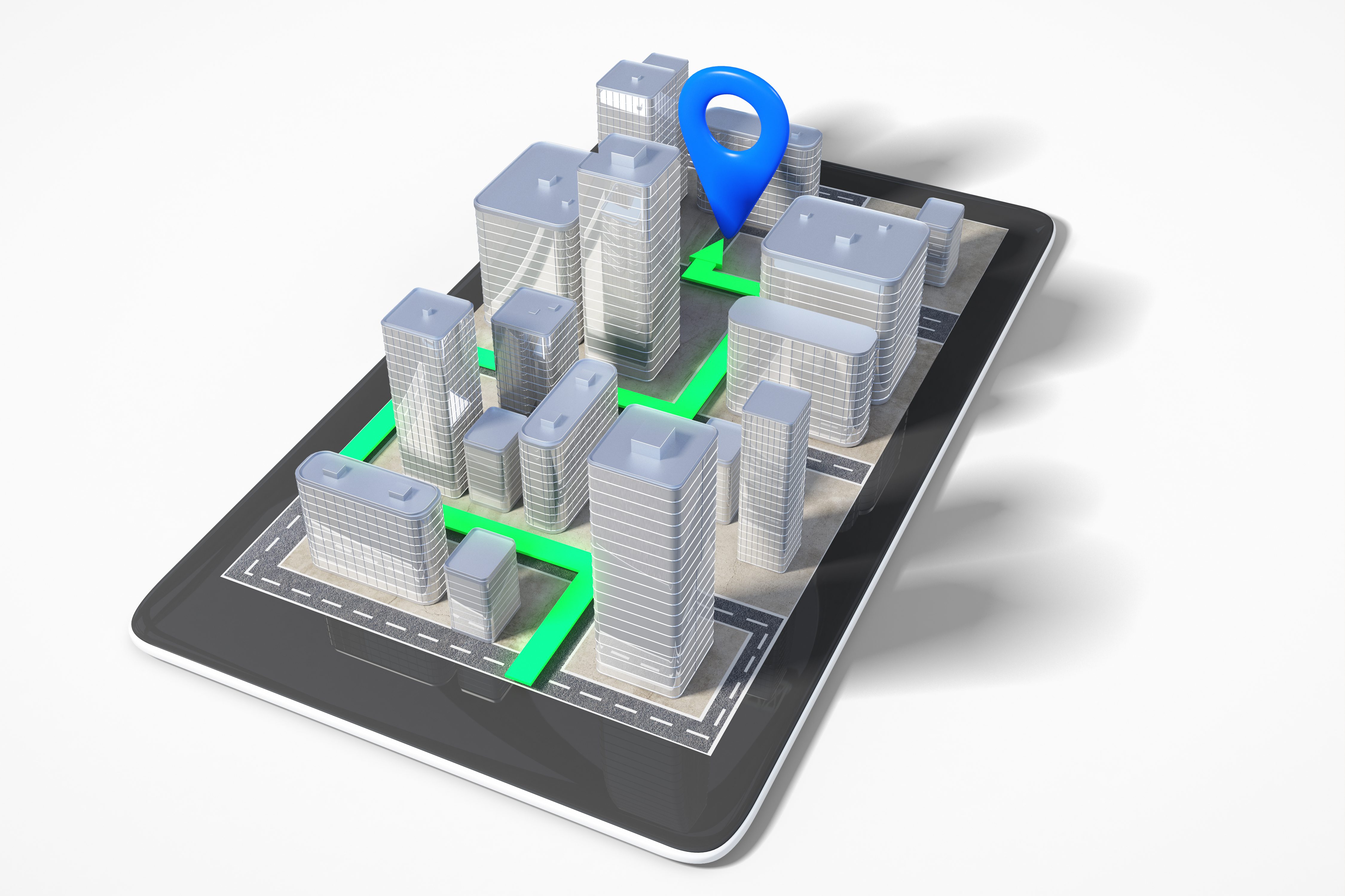 3D city map rising from a tablet with blue location pin and green route, illustrating local search visibility